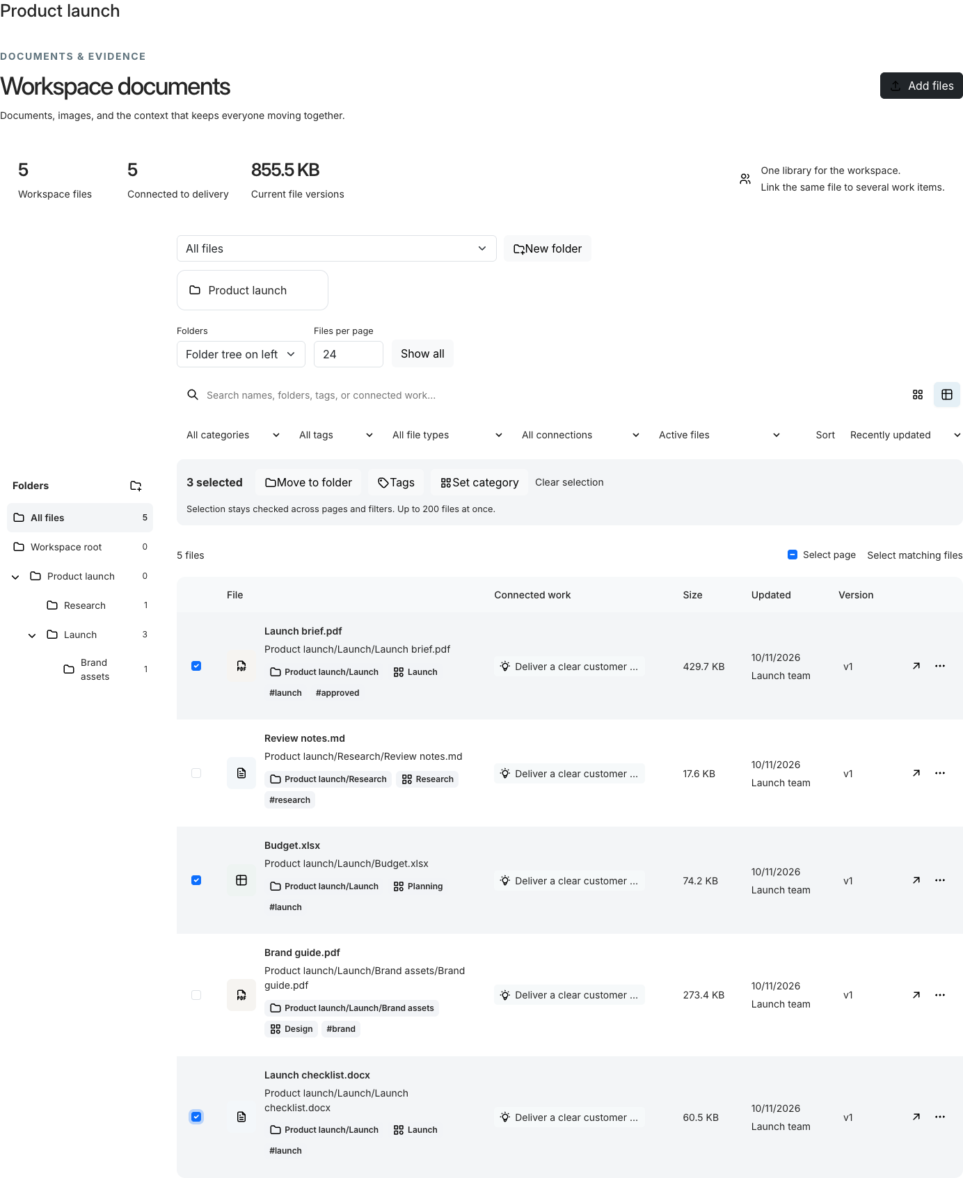 RedRover file library with a nested launch folder tree and selected documents ready for bulk updates