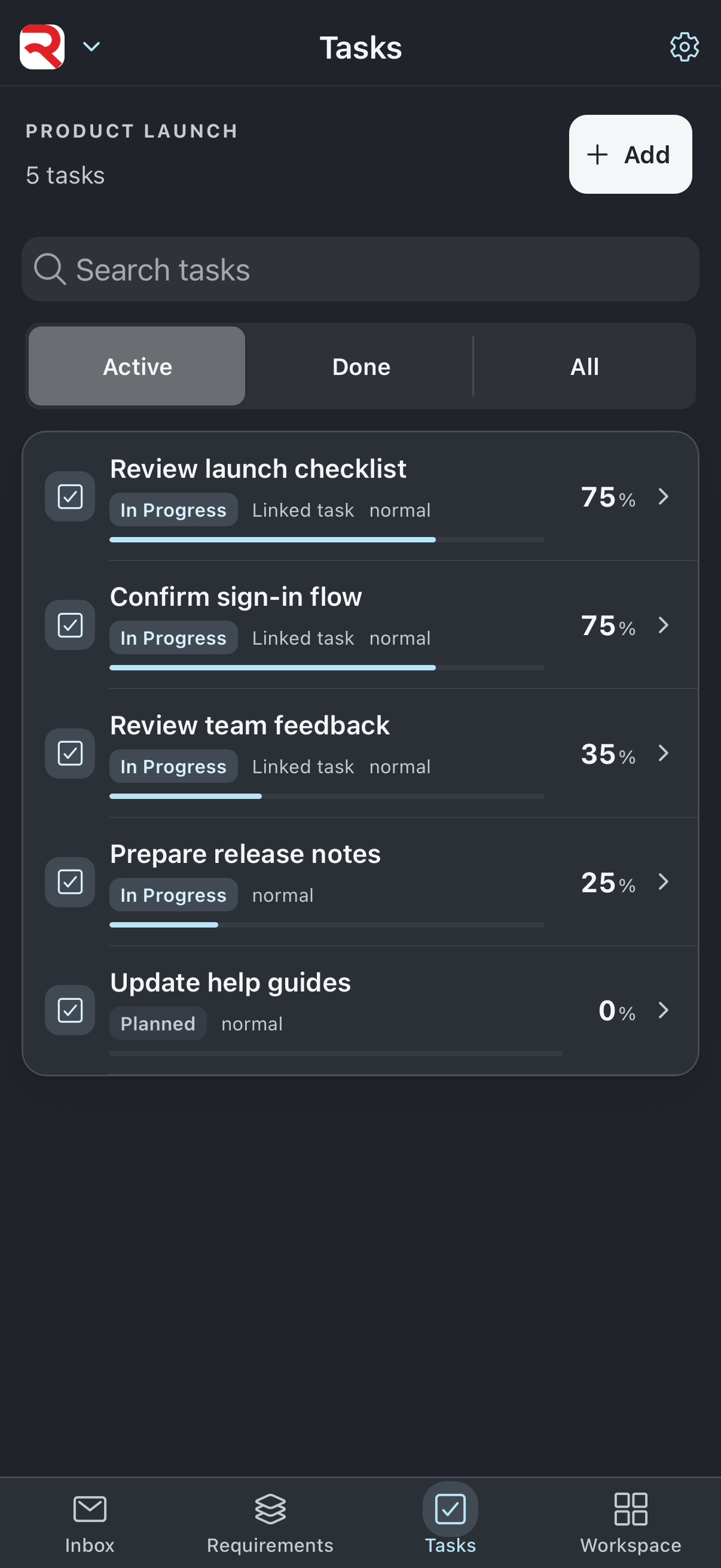 RedRover Mobile task interface in dark appearance with demo launch work