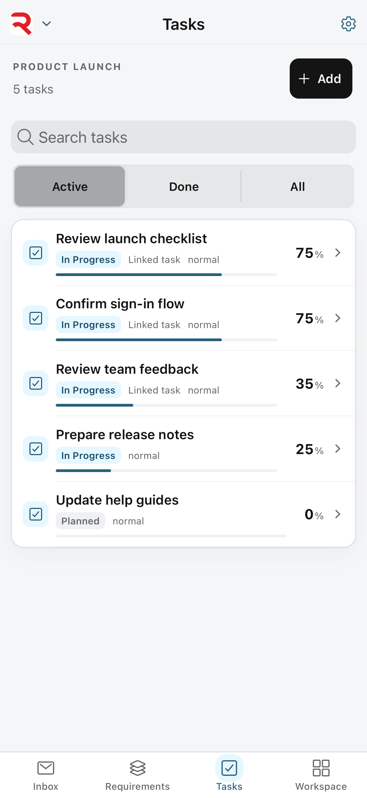 RedRover Mobile task interface in light appearance with demo launch work and progress percentages
